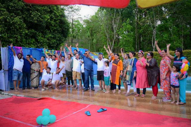 Team cheering at a corporate offsite
